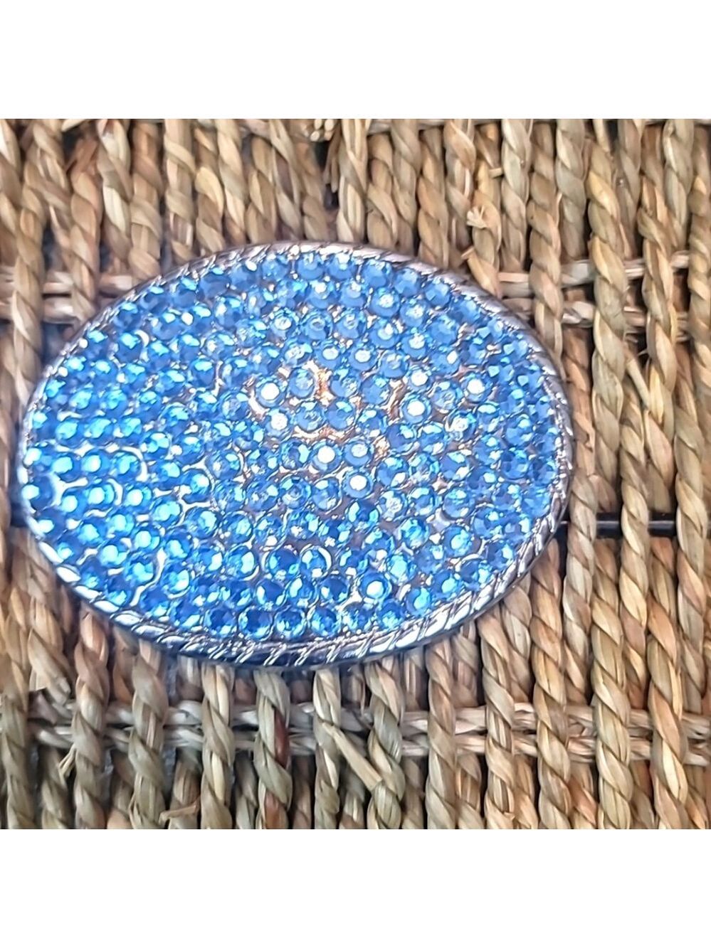 Vintage Western Belt Buckle Rhinestone Aqua Blue Oval Design Rope Edge